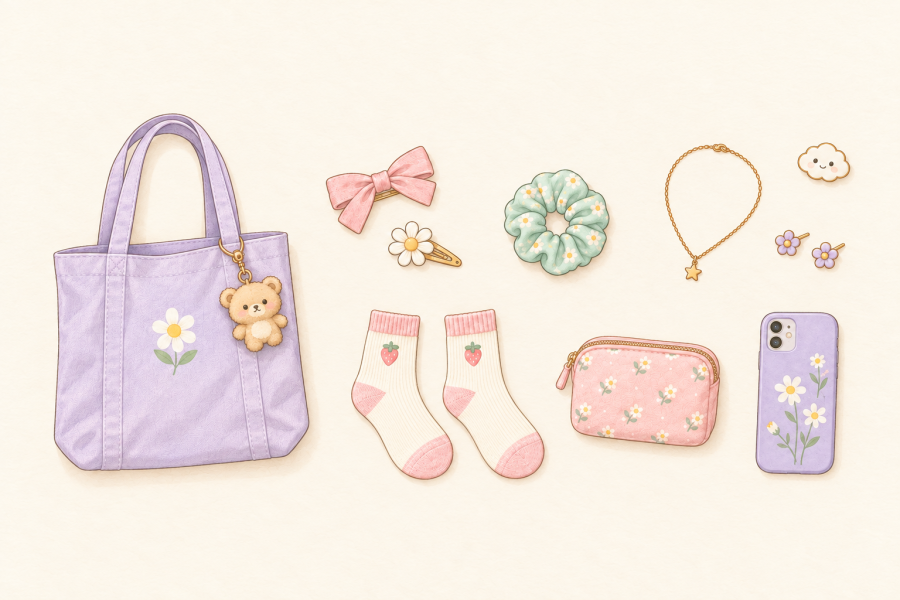 Pastel drawing of a tote with a bear charm, matching strawberry socks, hair accessories, jewelry, a pouch and a floral phone case.