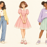 Drawing of three women wearing kawaii outfits: a yellow cardigan with jeans, a pink dress, and a lavender sweatshirt with a mint skirt.