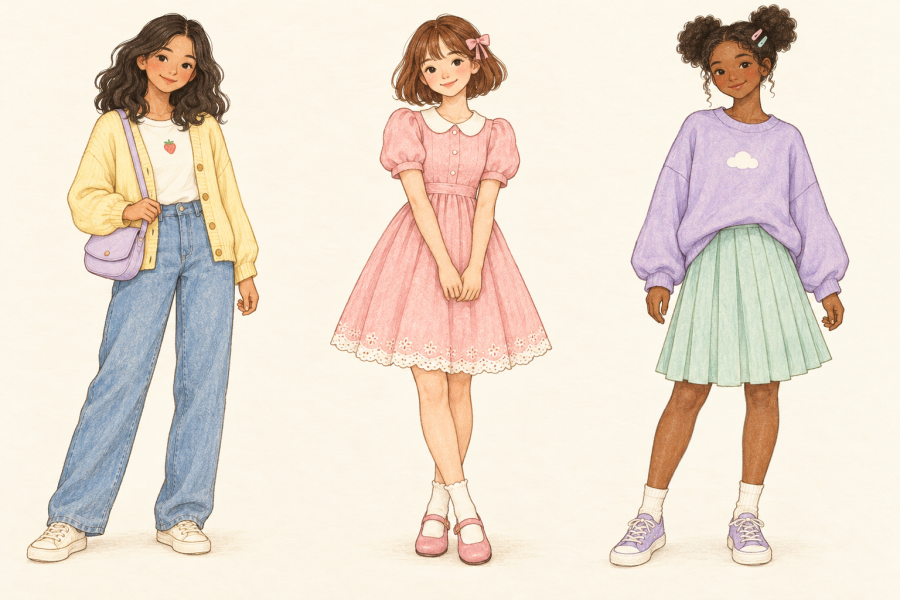 Drawing of three women wearing kawaii outfits: a yellow cardigan with jeans, a pink dress, and a lavender sweatshirt with a mint skirt.