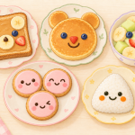 Drawings of bear toast, bear pancakes, a smiling fruit bowl, pink cookies and a smiling rice ball.