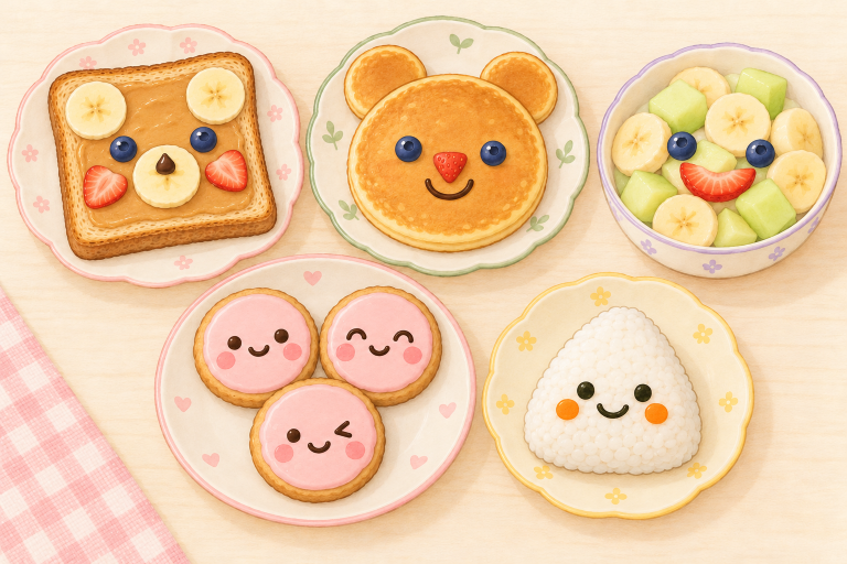 Drawings of bear toast, bear pancakes, a smiling fruit bowl, pink cookies and a smiling rice ball.