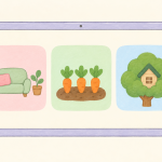 Pastel tablet illustration with three cozy game themes: a mint armchair, a carrot patch, and a little treehouse.