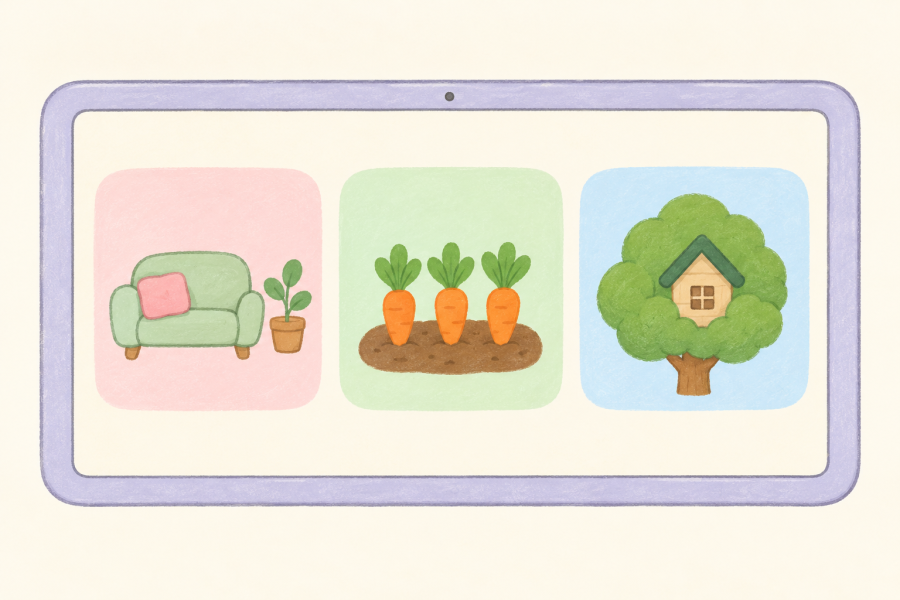 Pastel tablet illustration with three cozy game themes: a mint armchair, a carrot patch, and a little treehouse.