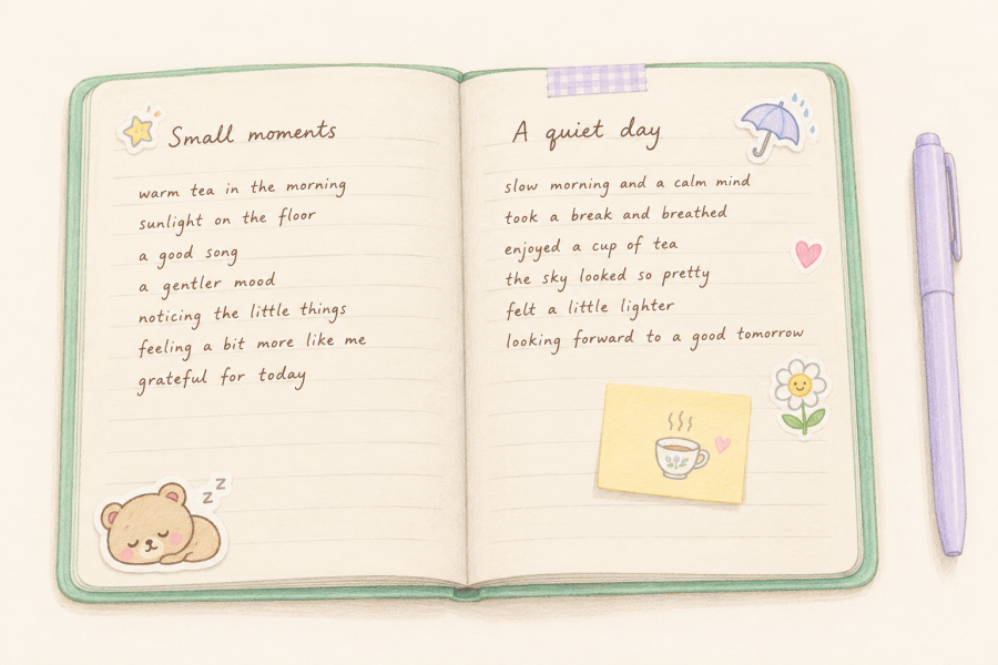 Open mint journal with short personal entries, a sleepy bear sticker, umbrella, flower, and small teacup note.