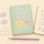 Illustrative sticker-design workspace with a mint notebook, pastel animal and cloud motifs, and a sketchbook.