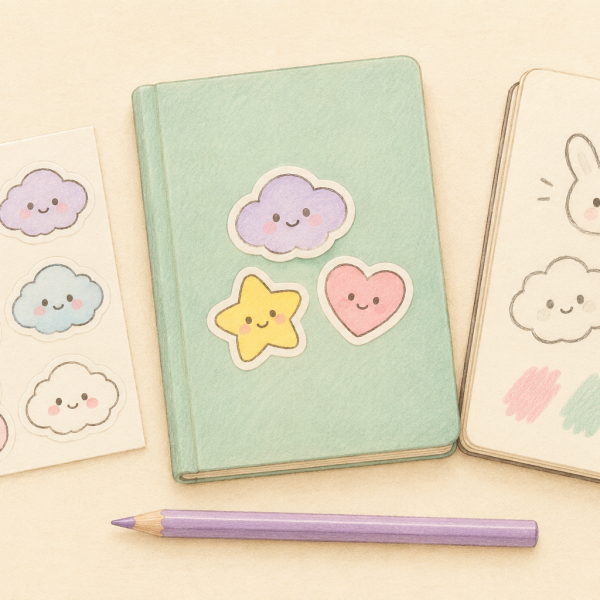 Illustrative sticker-design workspace with a mint notebook, pastel animal and cloud motifs, and a sketchbook.