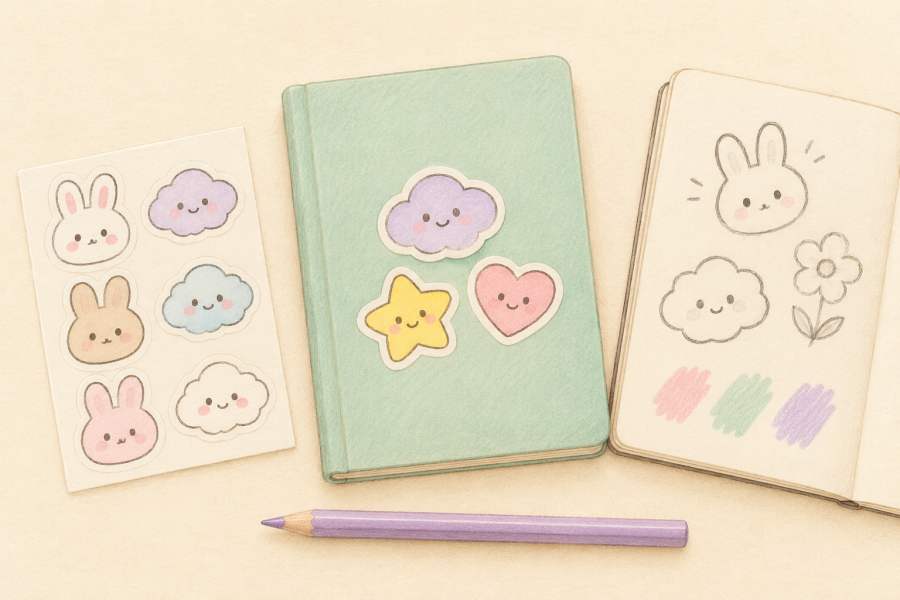 Illustrative sticker-design workspace with a mint notebook, pastel animal and cloud motifs, and a sketchbook.