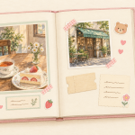 Illustrated scrapbook spread preserving a café outing with tea and cake pictures, a ticket, handwritten notes, and kawaii stickers.