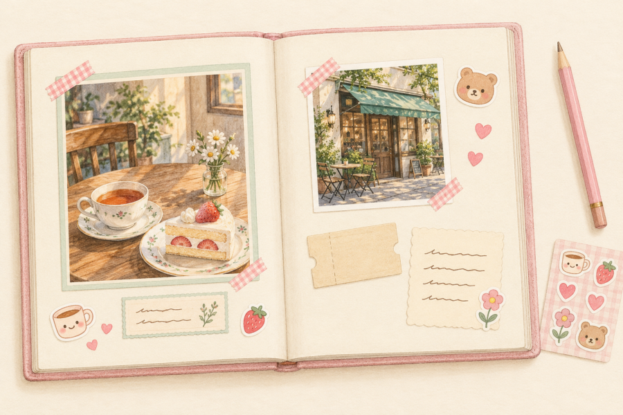 Illustrated scrapbook spread preserving a café outing with tea and cake pictures, a ticket, handwritten notes, and kawaii stickers.