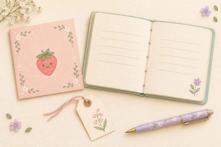 Pastel drawing of a strawberry greeting card, open mint journal, floral gift tag, and lavender pen.