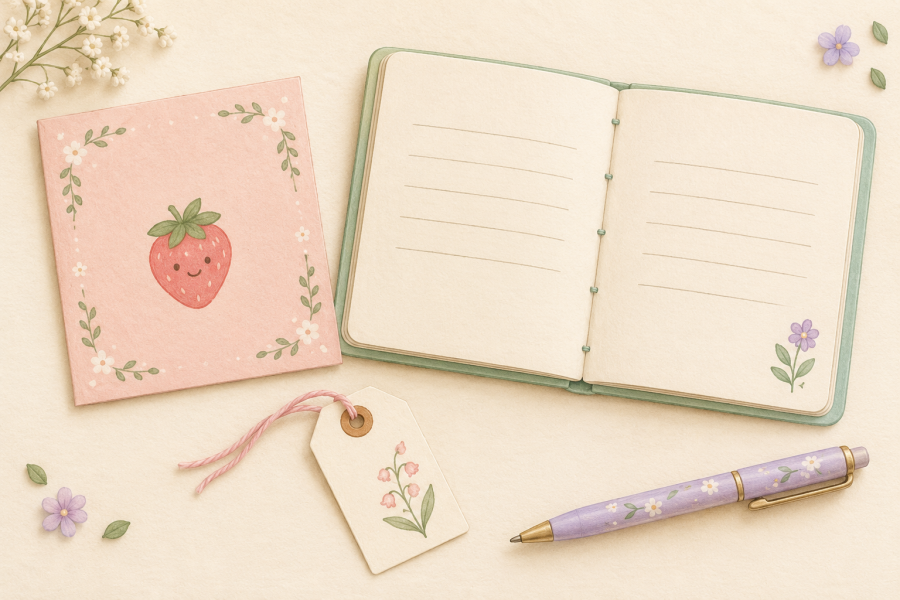 Pastel drawing of a strawberry greeting card, open mint journal, floral gift tag, and lavender pen.