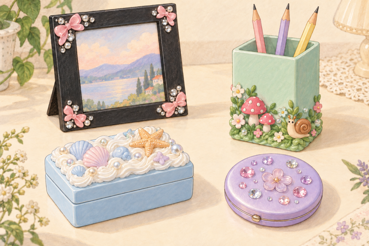 Illustrated decoden projects: an ocean trinket box, black frame with pink bows, garden pencil pot, and jeweled lavender compact.
