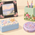 Illustrated decoden projects: an ocean trinket box, black frame with pink bows, garden pencil pot, and jeweled lavender compact.