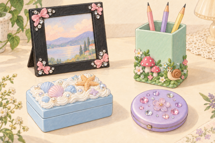Illustrated decoden projects: an ocean trinket box, black frame with pink bows, garden pencil pot, and jeweled lavender compact.