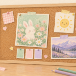 Illustrated cork inspiration board with a bunny postcard, smiling sun, lavender landscape, pastel color swatches, and washi tape.