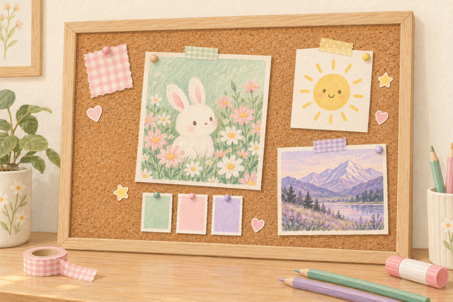 Illustrated cork inspiration board with a bunny postcard, smiling sun, lavender landscape, pastel color swatches, and washi tape.
