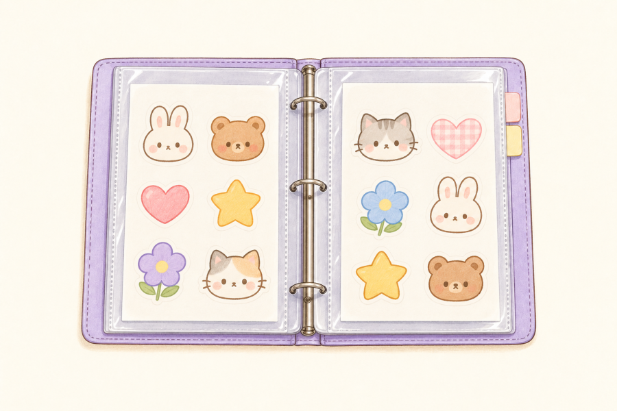 Open lavender binder holding kawaii sticker sheets on their backing paper inside clear protective sleeves.