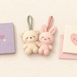 Drawing of a lavender memory booklet, paired bear and rabbit plush charms, and a Valentine’s card with a smiling heart.