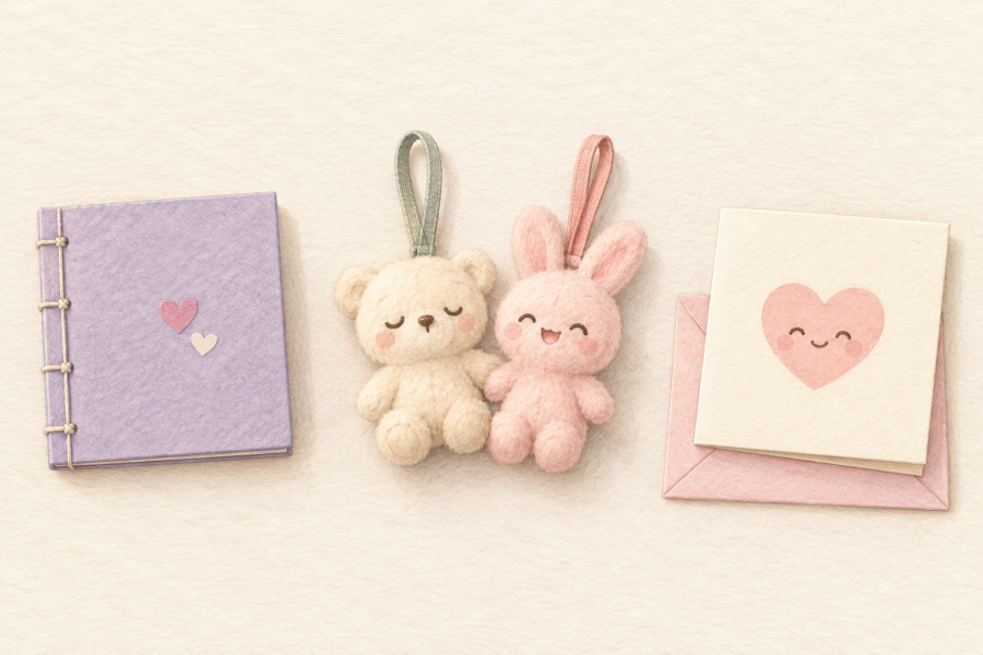 Drawing of a lavender memory booklet, paired bear and rabbit plush charms, and a Valentine’s card with a smiling heart.