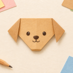 Illustration of a tan origami dog face with floppy ears, round eyes, and a small smile, surrounded by pastel paper.