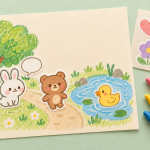 Illustrated sticker-story activity with bunny, bear, and duck stickers on a crayon park scene, with a sticker sheet and crayons.