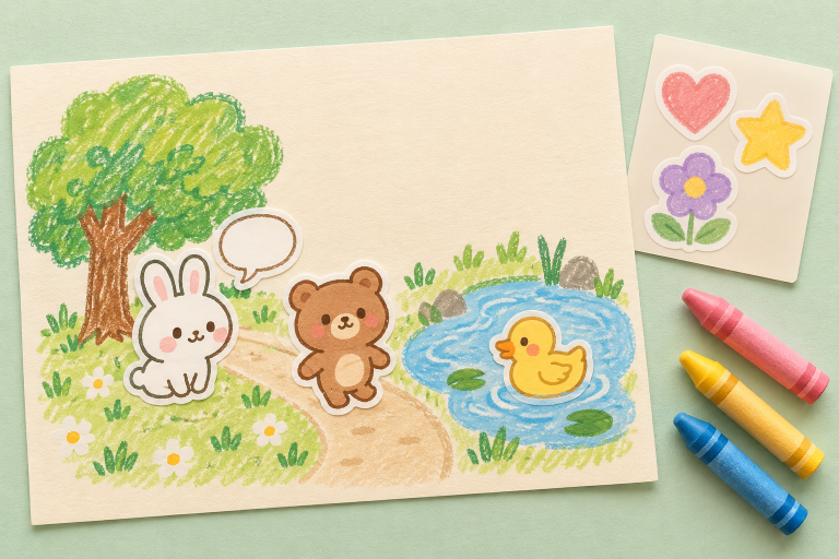 Illustrated sticker-story activity with bunny, bear, and duck stickers on a crayon park scene, with a sticker sheet and crayons.