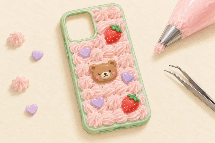 Drawing of a mint phone case decorated with pink cream piping, a bear charm, two strawberries, and lavender hearts.
