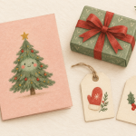 Colored-pencil drawing of a smiling Christmas tree card, green wrapped gift, and mitten and holly gift tags.