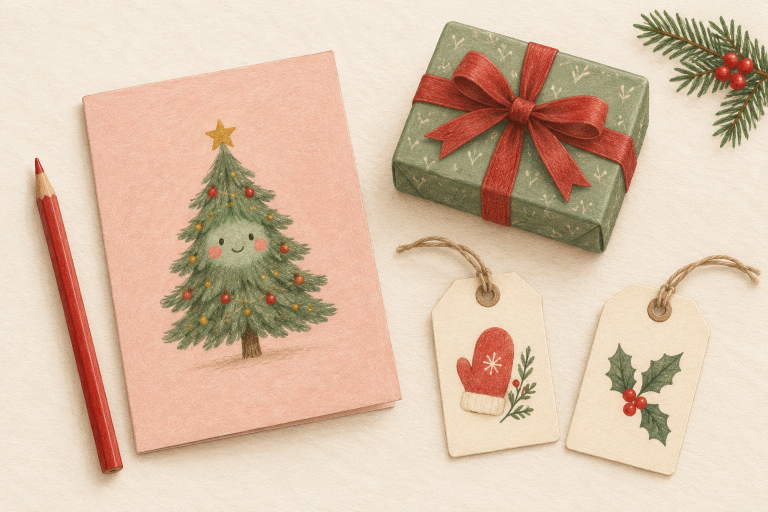 Colored-pencil drawing of a smiling Christmas tree card, green wrapped gift, and mitten and holly gift tags.