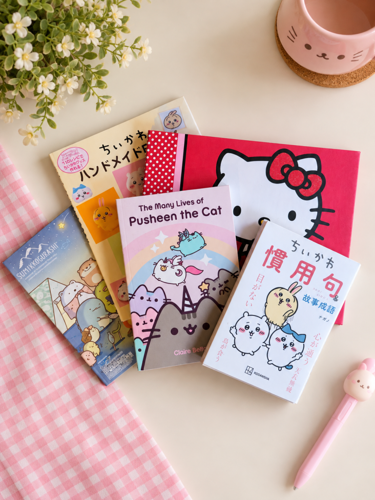 Collection of Chiikawa, Hello Kitty, Pusheen and Sumikko Gurashi books arranged on a pastel desk