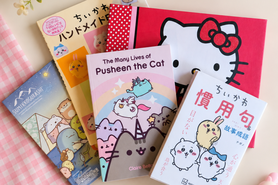 Collection of Chiikawa, Hello Kitty, Pusheen and Sumikko Gurashi books arranged on a pastel desk