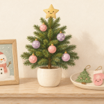 Drawing of a tabletop Christmas tree with a smiling star, a framed snowman and three handmade ornaments on a wooden table.