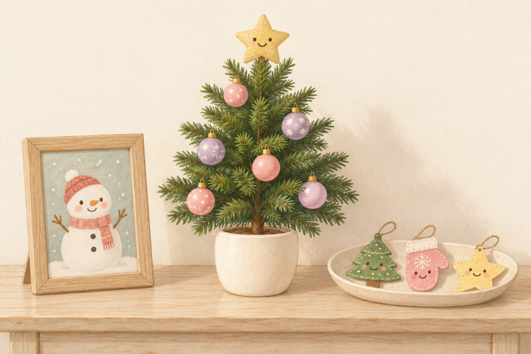 Drawing of a tabletop Christmas tree with a smiling star, a framed snowman and three handmade ornaments on a wooden table.
