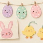 Drawing of a pastel paper egg garland, a pink bunny greeting card, and two yellow chick gift tags.