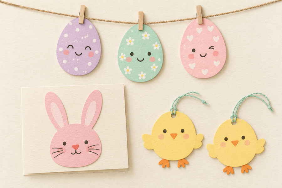 Drawing of a pastel paper egg garland, a pink bunny greeting card, and two yellow chick gift tags.