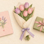 Pastel drawing of a floral card, pink and purple tulip bouquet, and a green wrapped gift with a heart tag.