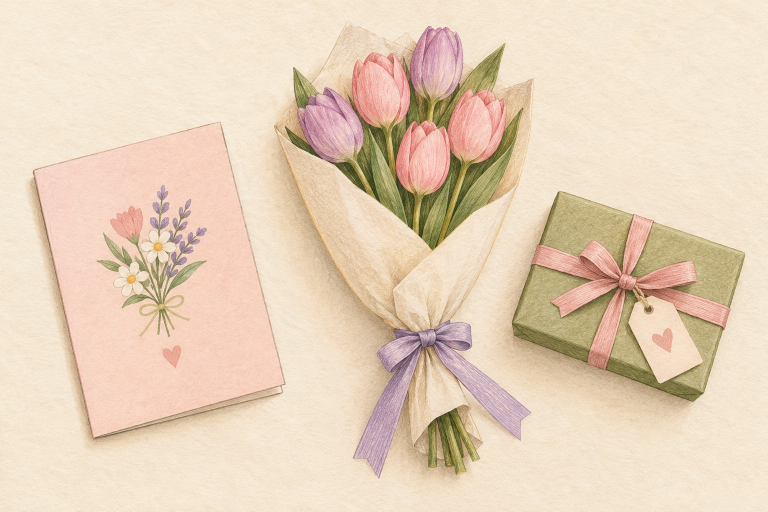 Pastel drawing of a floral card, pink and purple tulip bouquet, and a green wrapped gift with a heart tag.