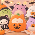 Pastel Halloween illustration of cute plush characters dressed as a pumpkin, ghost, bat, skeleton and witch among autumn pumpkins