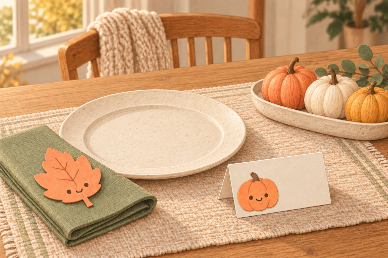 Cozy autumn table illustration with a smiling pumpkin place card, a leaf tag on a sage napkin, decorative pumpkins and a knitted throw by the window.
