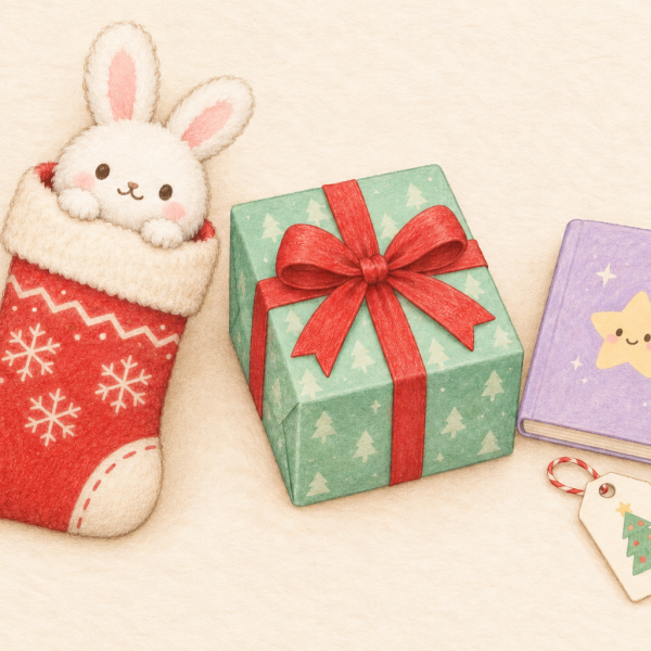 Drawing of a bunny plush in a red Christmas stocking beside a wrapped mint-green present, a star notebook, a pink pen and a gift tag.