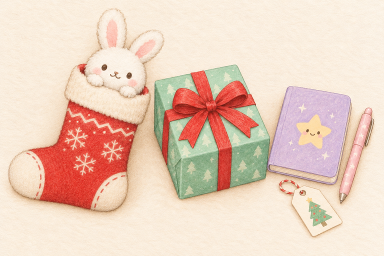 Drawing of a bunny plush in a red Christmas stocking beside a wrapped mint-green present, a star notebook, a pink pen and a gift tag.