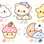 Kawaii cloud, cat, star, cupcake and moon drawings with coordinating pastel color swatches.
