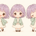 An original lavender-haired chibi character with an oversized head and tiny body in happy, relaxed and sleepy poses.