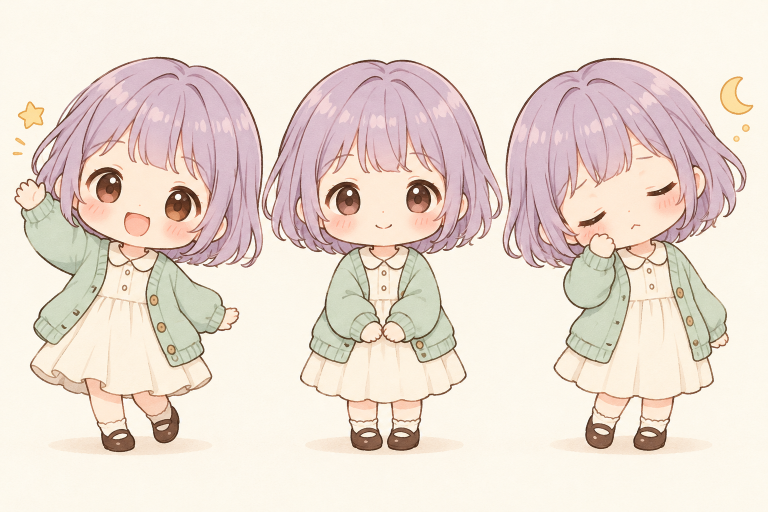 An original lavender-haired chibi character with an oversized head and tiny body in happy, relaxed and sleepy poses.