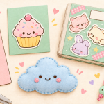 Five finished kawaii crafts: a smiling bookmark, cupcake greeting card, decorated notebook, felt cloud and beaded bag charm.