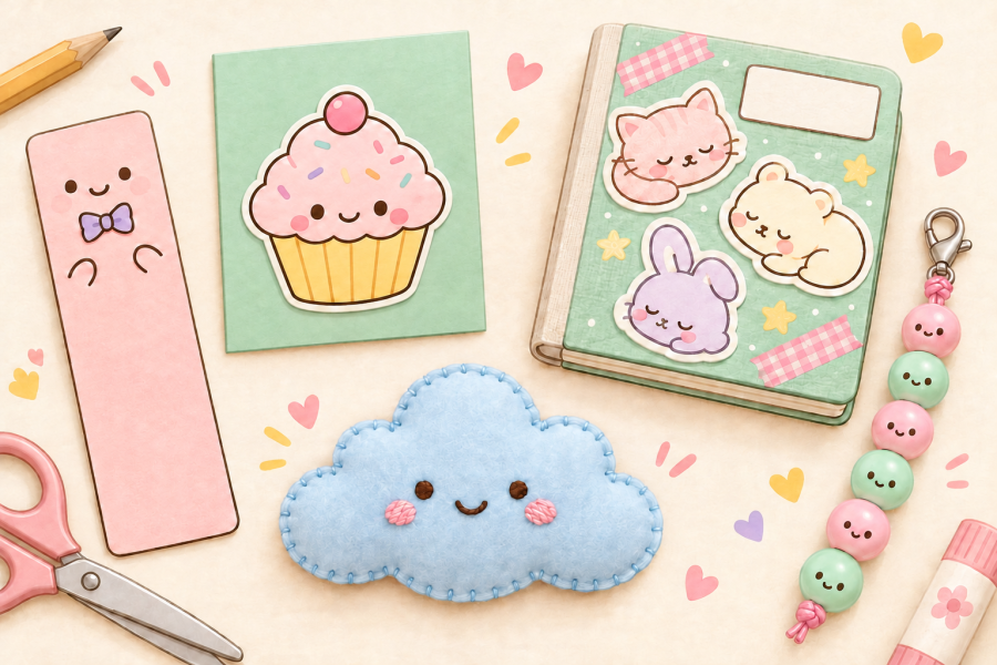 Five finished kawaii crafts: a smiling bookmark, cupcake greeting card, decorated notebook, felt cloud and beaded bag charm.