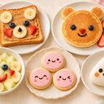 Five kawaii food ideas, including three pink cookies with an open-eyed smile, closed happy eyes and a wink.