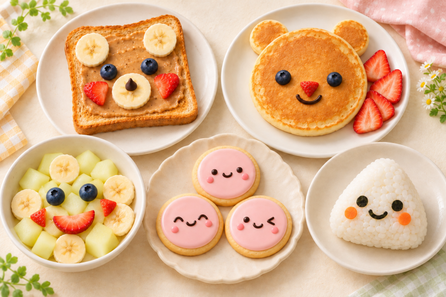 Five kawaii food ideas, including three pink cookies with an open-eyed smile, closed happy eyes and a wink.