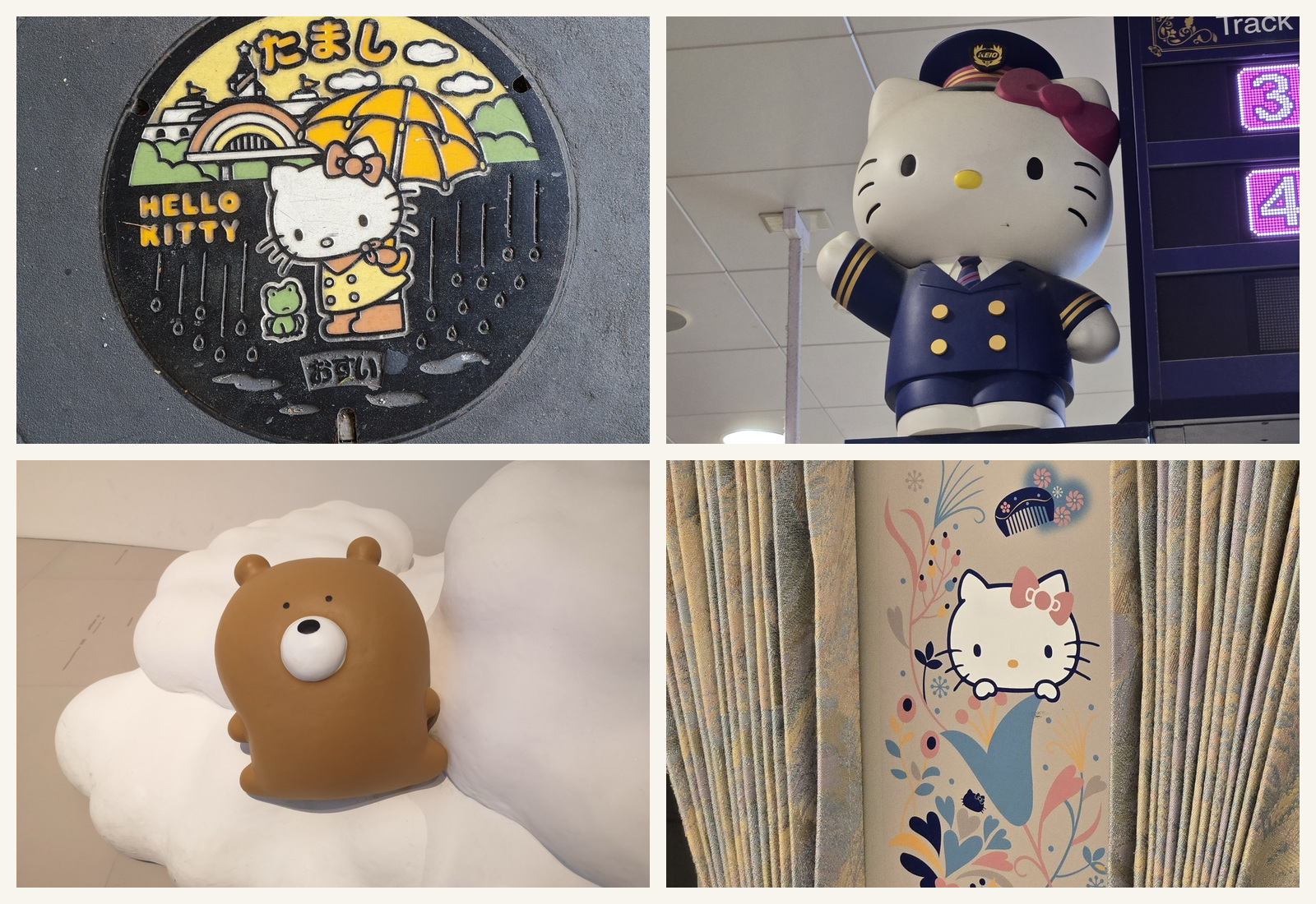 Original photos of kawaii discoveries in Japan, including Hello Kitty train details, themed food and character displays