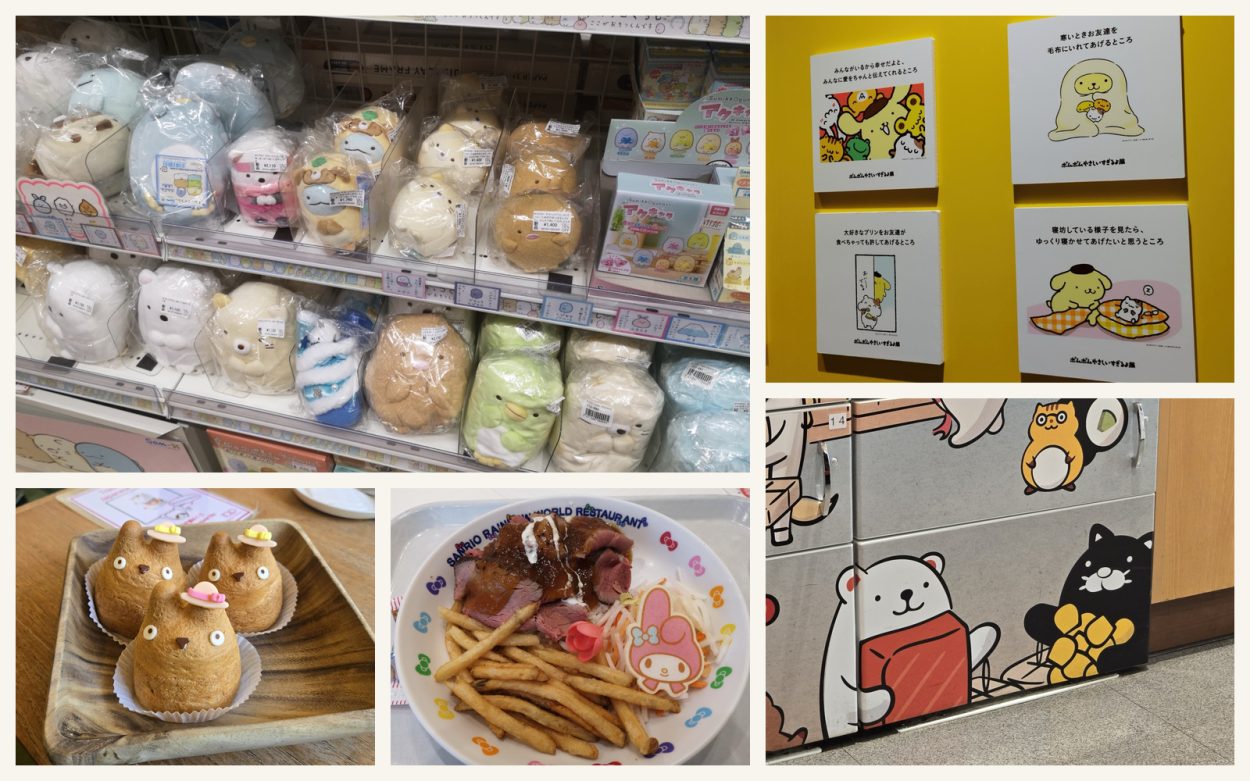 Collage of original photographs of kawaii character discoveries and shopping in Japan, including Sumikko Gurashi and Hello Kitty